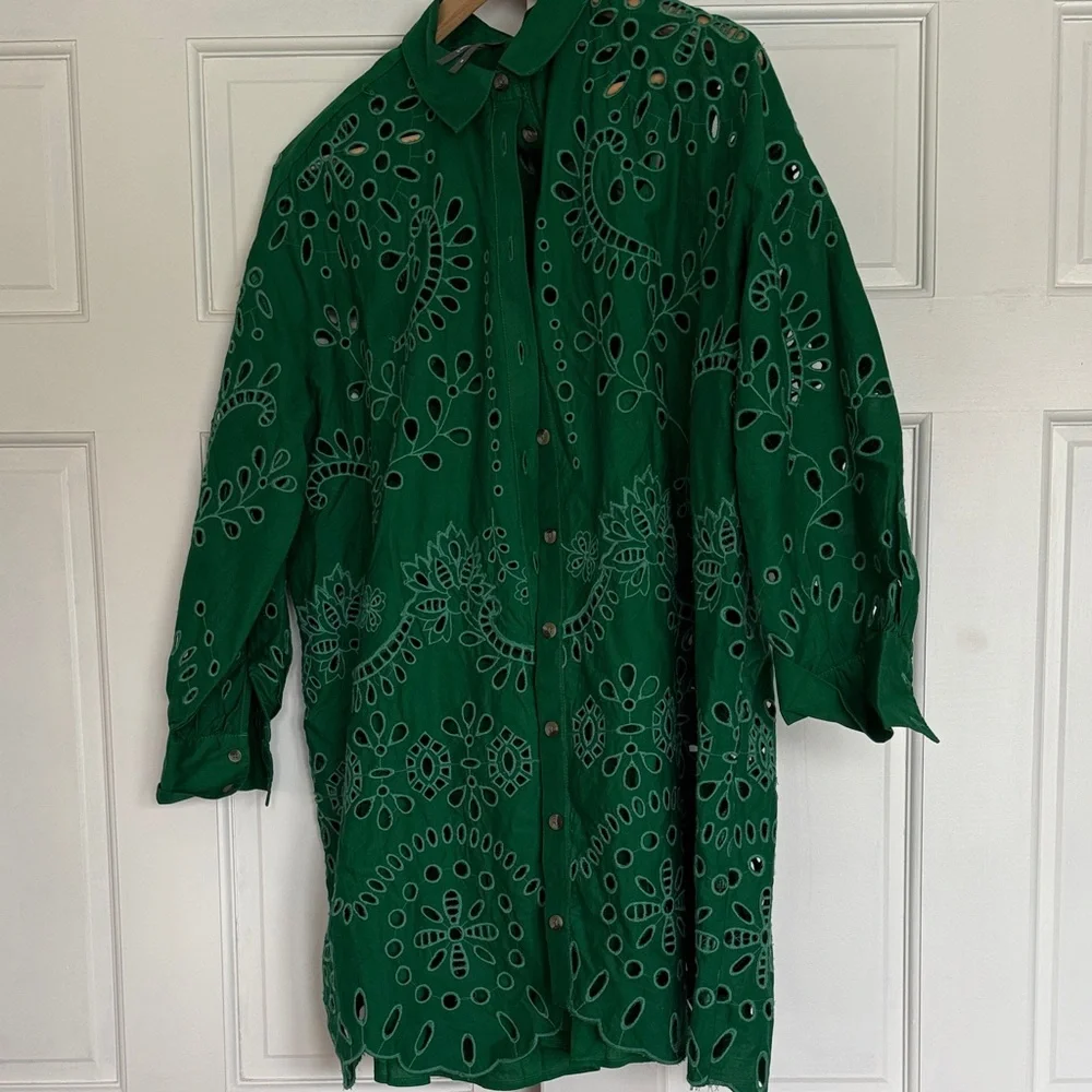 Anthropologie Green Eyelet Dress with slip dress - Picture 5 of 8